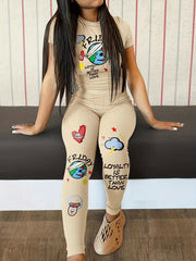 Cartoon Graphic Print Two Piece Set T-Shirt & Slim Long Pants