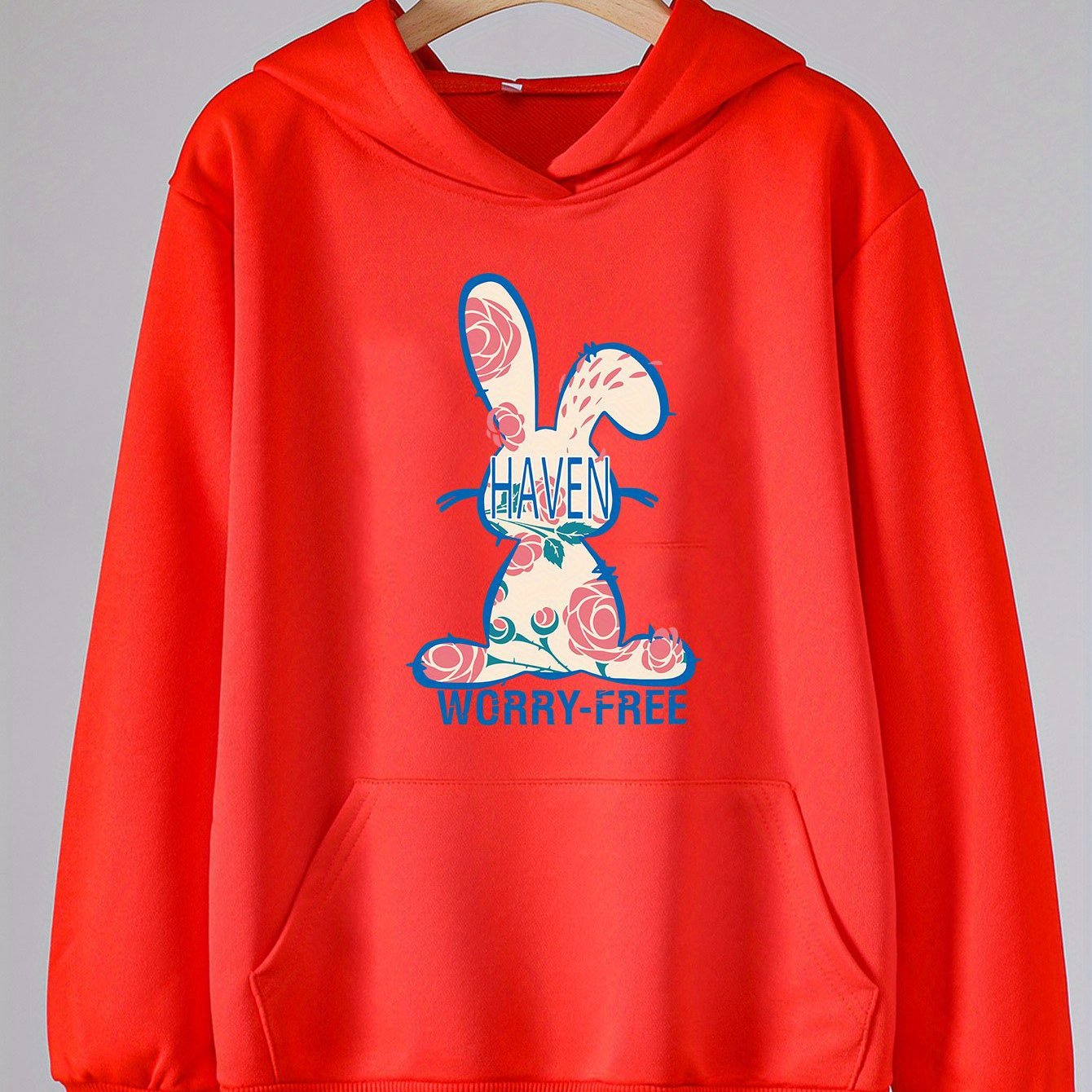 Floral Bunny Print Hoodie for Girls Kids Casual Pullover