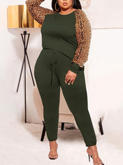 Leopard Print Pullover & Drawstring Pants Set Plus Size Long Sleeve Outfits