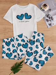 Heart Print Pajamas Set Short Sleeve Top & Shorts & Pants