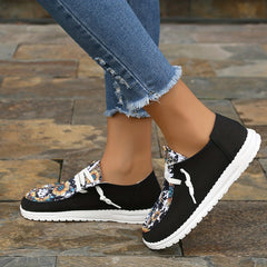 Women's Sunflower Printed Flat Loafers Casual Lace Up Canvas Shoes
