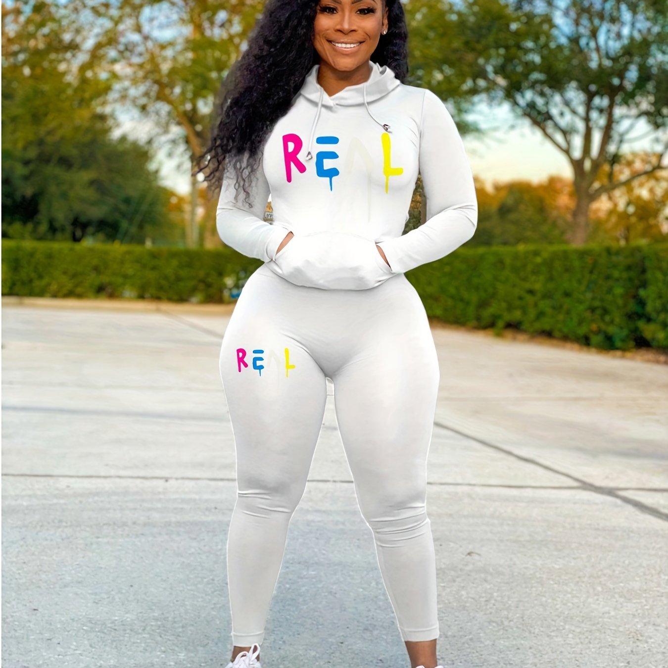 Colorful Letter Print Two piece Set Drawstring Hoodies & Pants