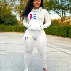 Colorful Letter Print Two piece Set Drawstring Hoodies & Pants