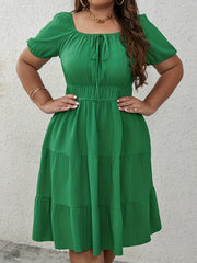 Solid Crinkle Knot Sleeve Square Neck Smock Dress