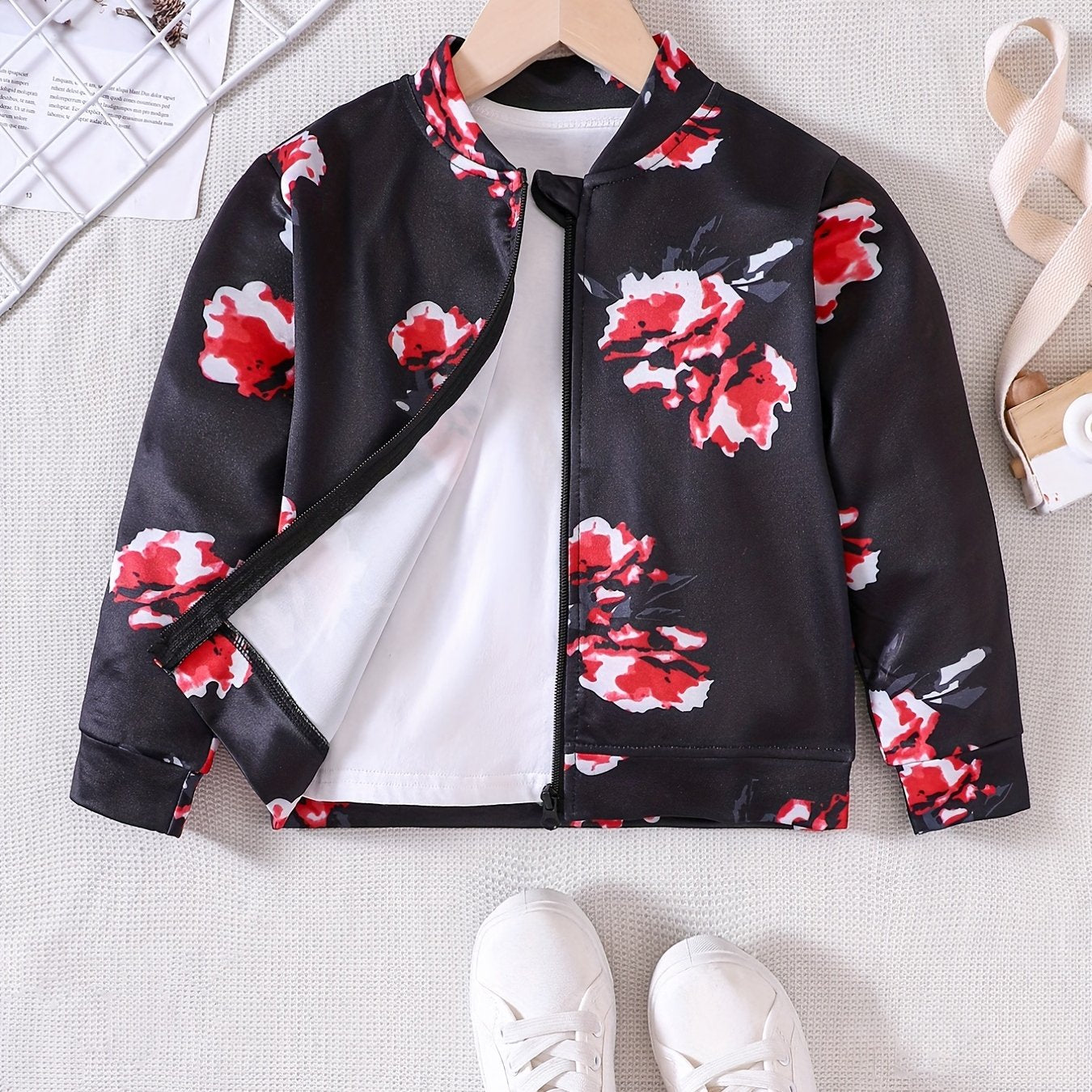 Girls' Floral Print Long Sleeve Jacket Top, Zipper Up