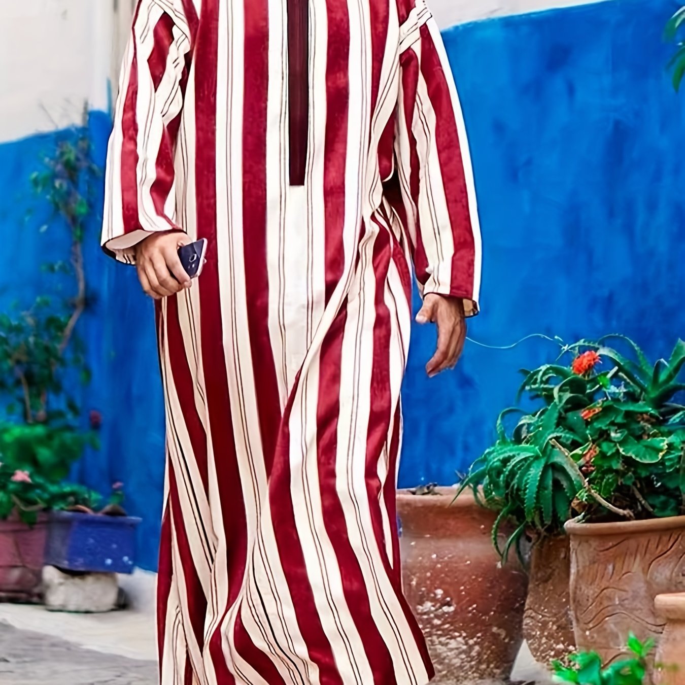 Islamic Arabic Hooded Kaftan Men Long Sleeve Vertical Striped V Neck