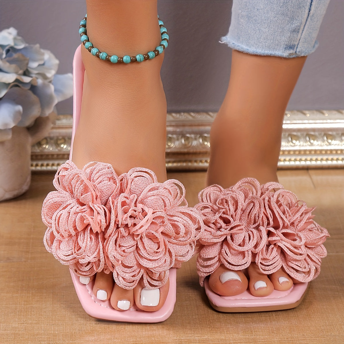 Women's Flower Slide Sandals Square Open Toe Flat Slides
