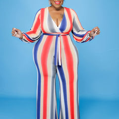 Rainbow Print V Neck Long Sleeve Jumpsuit