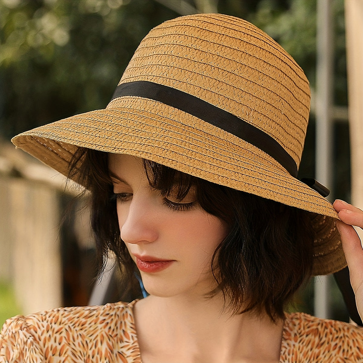 Vintage Ribbon Bowknot Straw Bucket Hat for Women