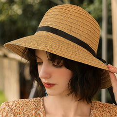 Vintage Ribbon Bowknot Straw Bucket Hat for Women