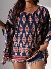 Boho Blouse Women's Plus Floral Print Bat Sleeve Round Neck Cover Up
