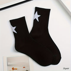 3 Pairs Star Print Socks, Mid Tube Women's Stockings