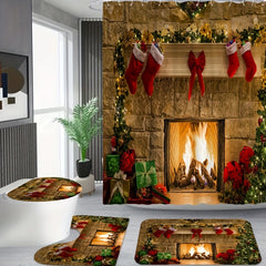 Christmas Fireplace Shower Curtain Set with 12 Hooks