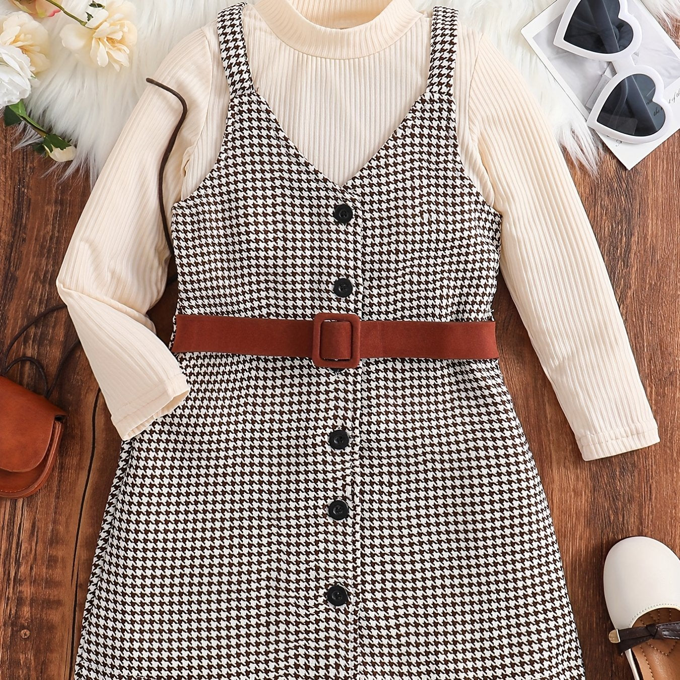 Girl's 2pcs Ribbed Top & Houndstooth Dress Set