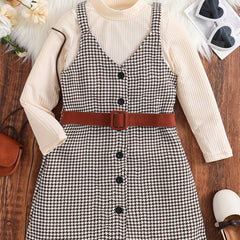Girl's 2pcs Ribbed Top & Houndstooth Dress Set