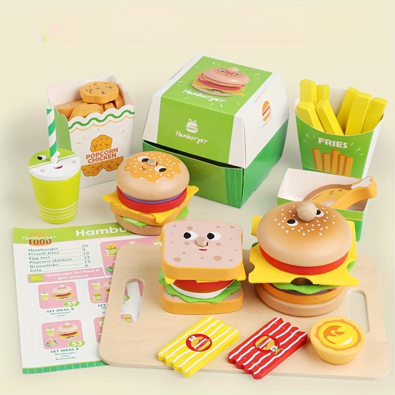 Wooden Toy Burger Set for Kids Pretend Play