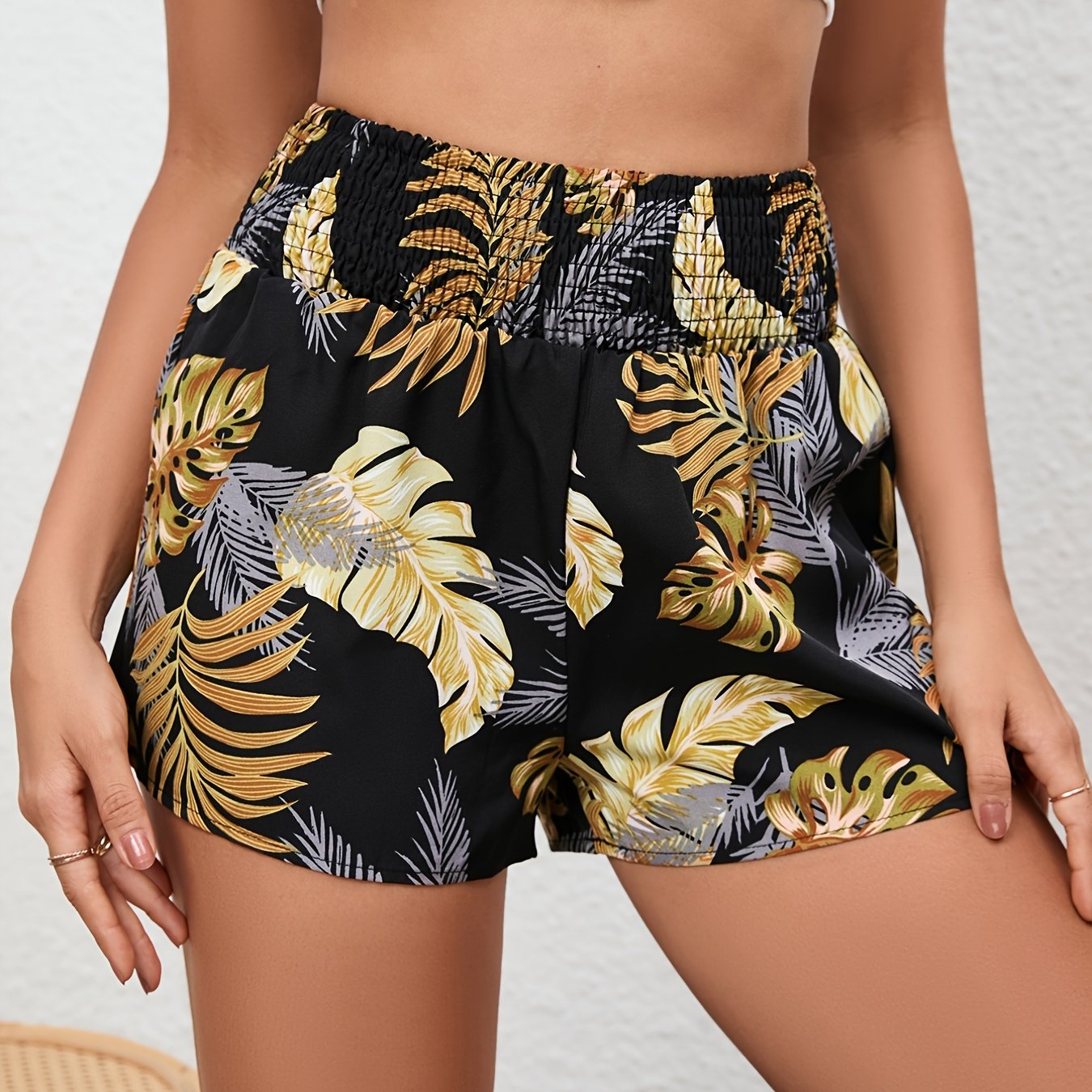 Tropical Print Shirred Waist Shorts for Women