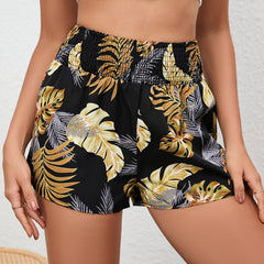 Tropical Print Shirred Waist Shorts for Women