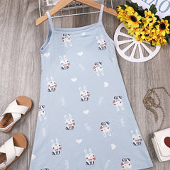 Toddler Girls Rabbit Print Cotton Sling Nightdress