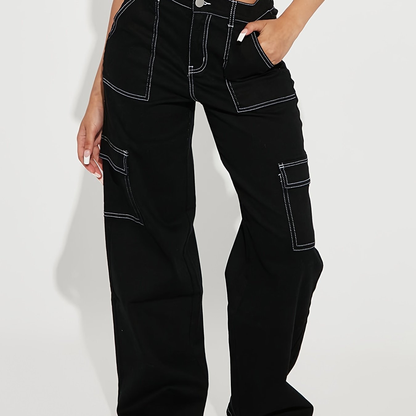 Loose Denim Cargo Pants Solid Zipper Button Closure Jeans