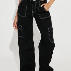 Loose Denim Cargo Pants Solid Zipper Button Closure Jeans