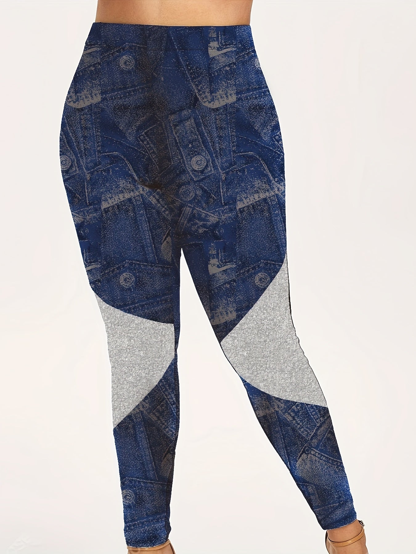 Denim Print Button Decor Top & Leggings Set