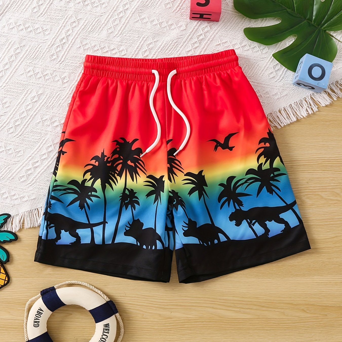 Boys Swim Trunks Coconut Trees Dinosaur Print Elastic Waist Drawstring