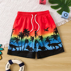 Boys Swim Trunks Coconut Trees Dinosaur Print Elastic Waist Drawstring