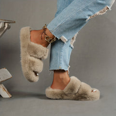Women's Faux Fur Double Strap Slippers Warm Indoor Shoes