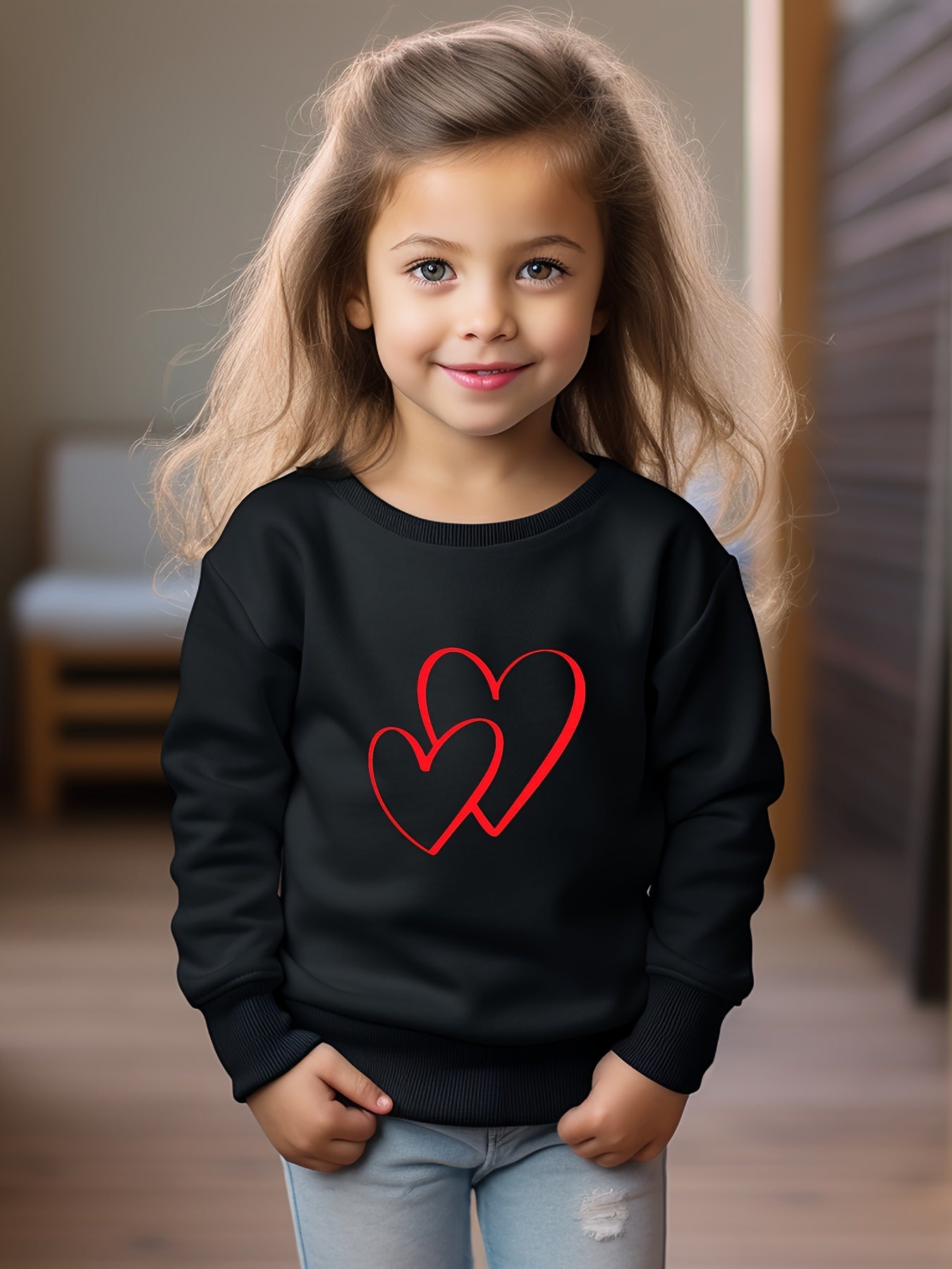Girls Hearts Pattern Crew Neck Long Sleeve Sweatshirt