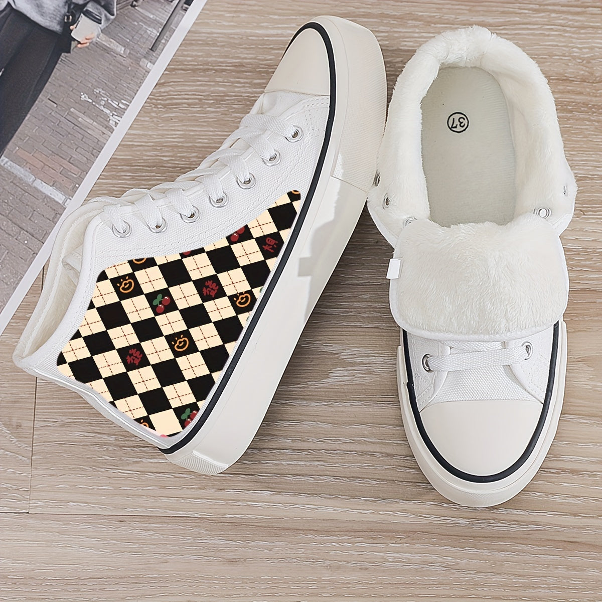 Cherry Print Plush Lined Canvas Sneakers