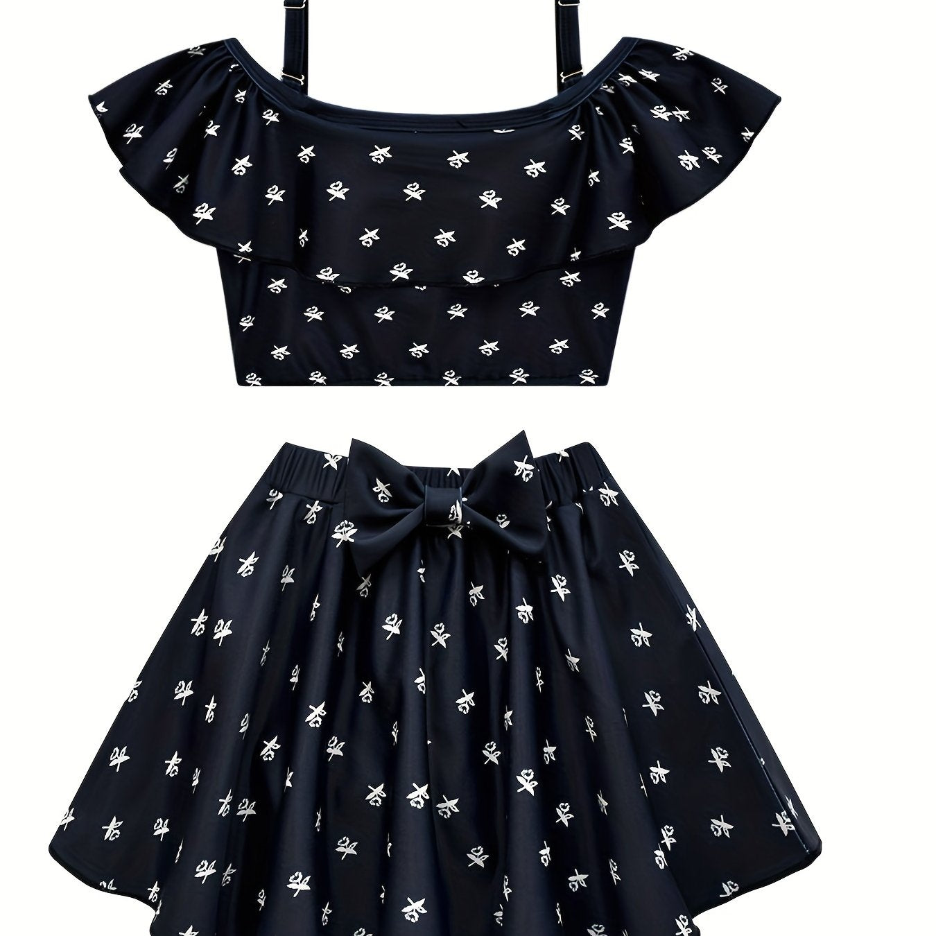 Girl's Floral Pattern Bikini Set Ruffle Decor Swimsuit Cami Top & Briefs