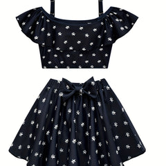 Girl's Floral Pattern Bikini Set Ruffle Decor Swimsuit Cami Top & Briefs