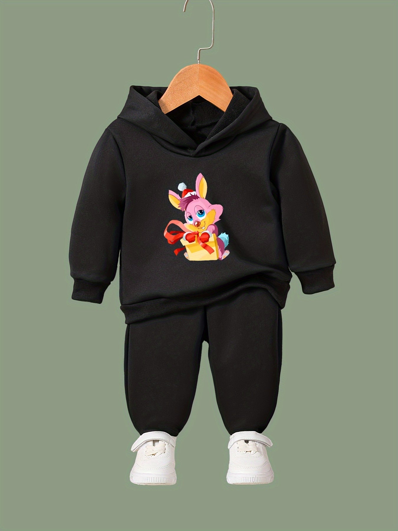Girls 2pc Rabbit Pattern Hooded Sweatshirt and Sweatpants Set