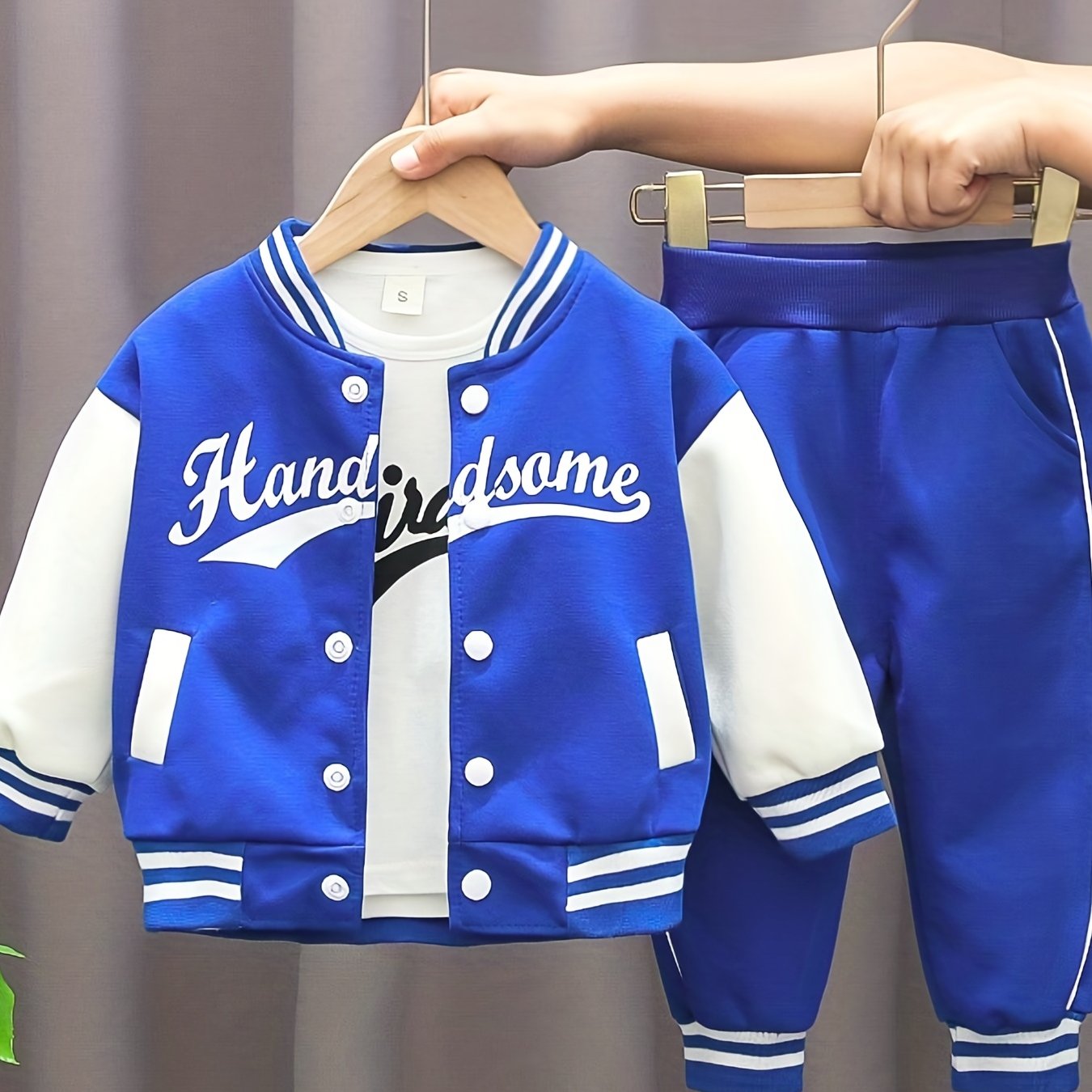 3pc Boys Letter Print Baseball Suit Crew Neck Cotton Set