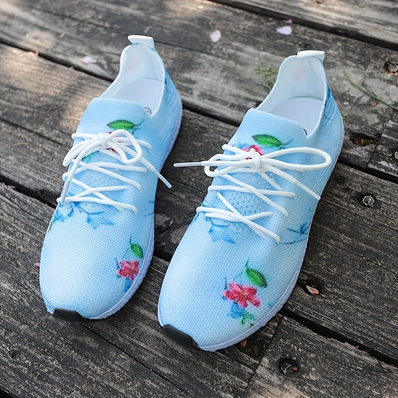 Women's Floral Print Knit Sports Shoes Lace Up Low Top Sneakers