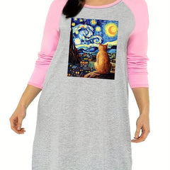 Nightdress Starry Sky & Cat Graphic Raglan Long Sleeve Sleep Dress