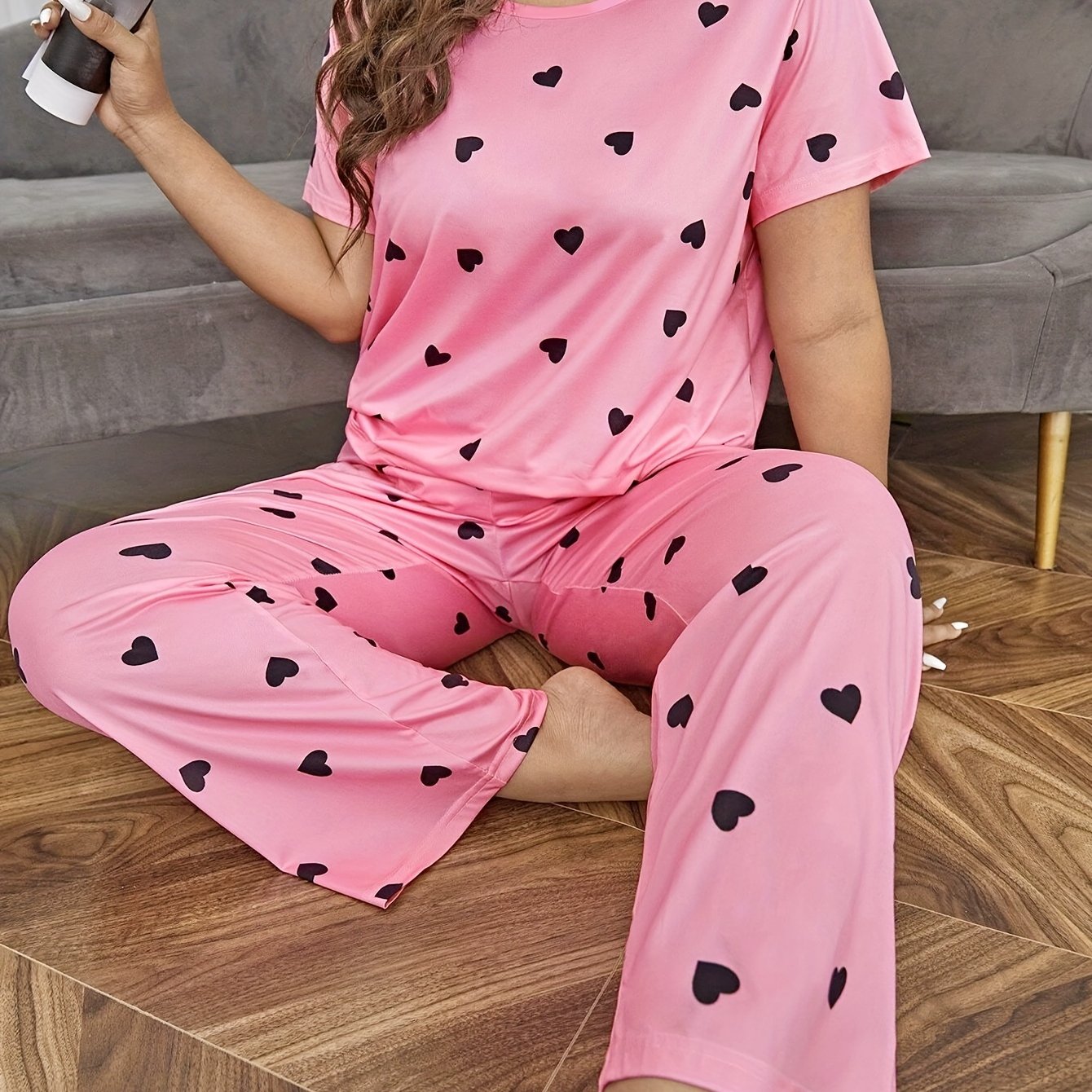 Heart Print Tee & Pants Loungewear Set Women's Two Piece Set