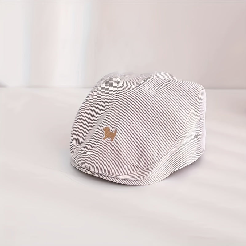 Casual Striped Beret Vintage Breathable Cap Dog Embroidery
