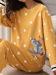Bear & Heart Print Pajama Set Long Sleeve Top & Pant
