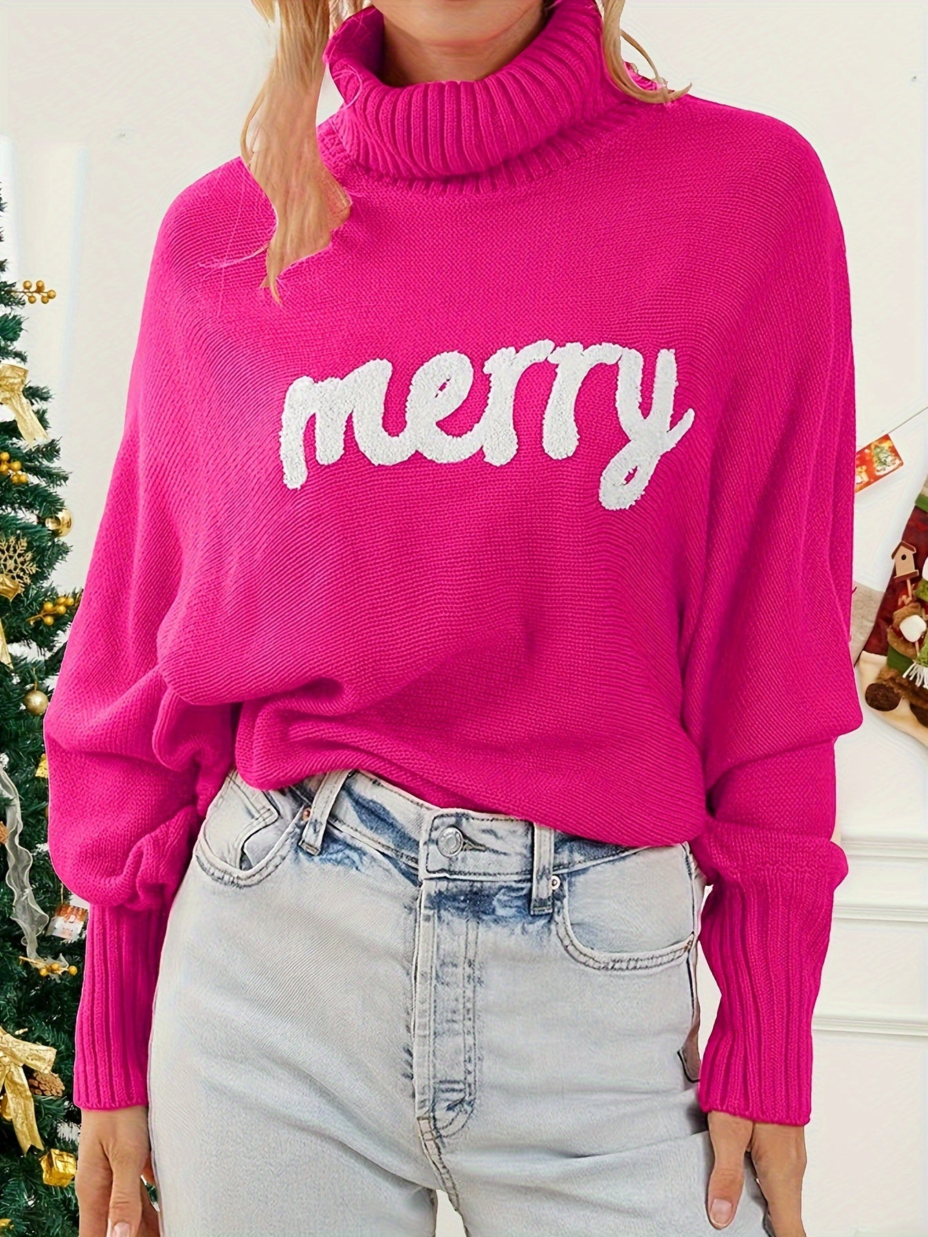 Women's Plus Letter Patch Bat Sleeve Turtle Neck Sweater