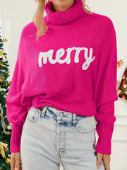 Women's Plus Letter Patch Bat Sleeve Turtle Neck Sweater