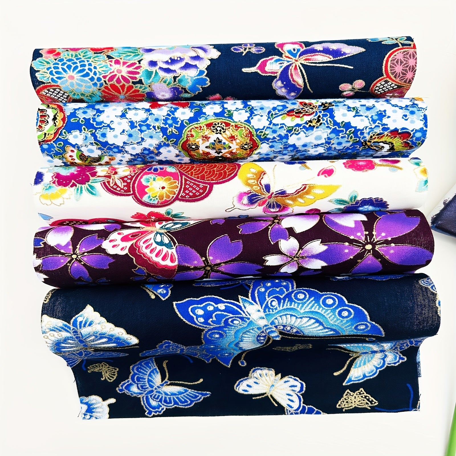 5pcs Japanese Style Bronzing Butterfly Flower Cotton Quilting Fabric