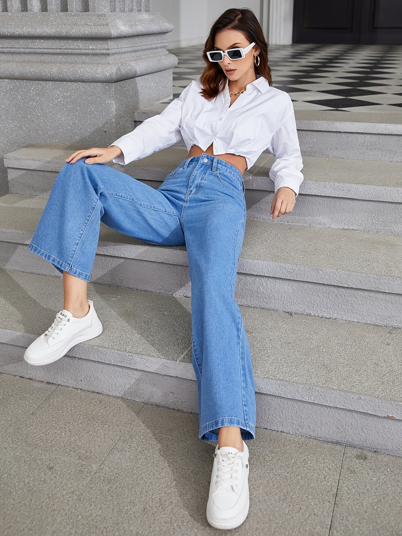 High Waist Wide Leg Jeans Slash Pockets