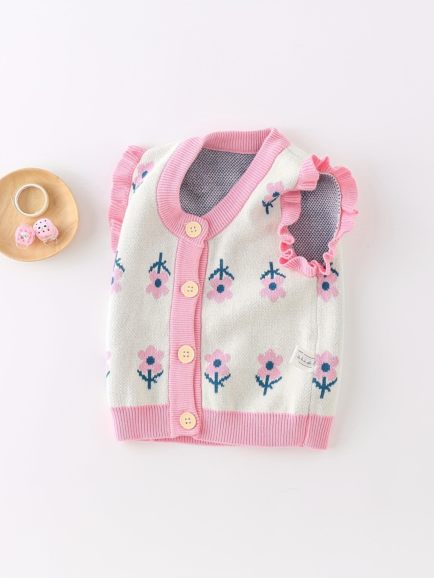 Baby Girl Knitted Sweater Vest Ruffle Trim Flower Print Cardigan Vest