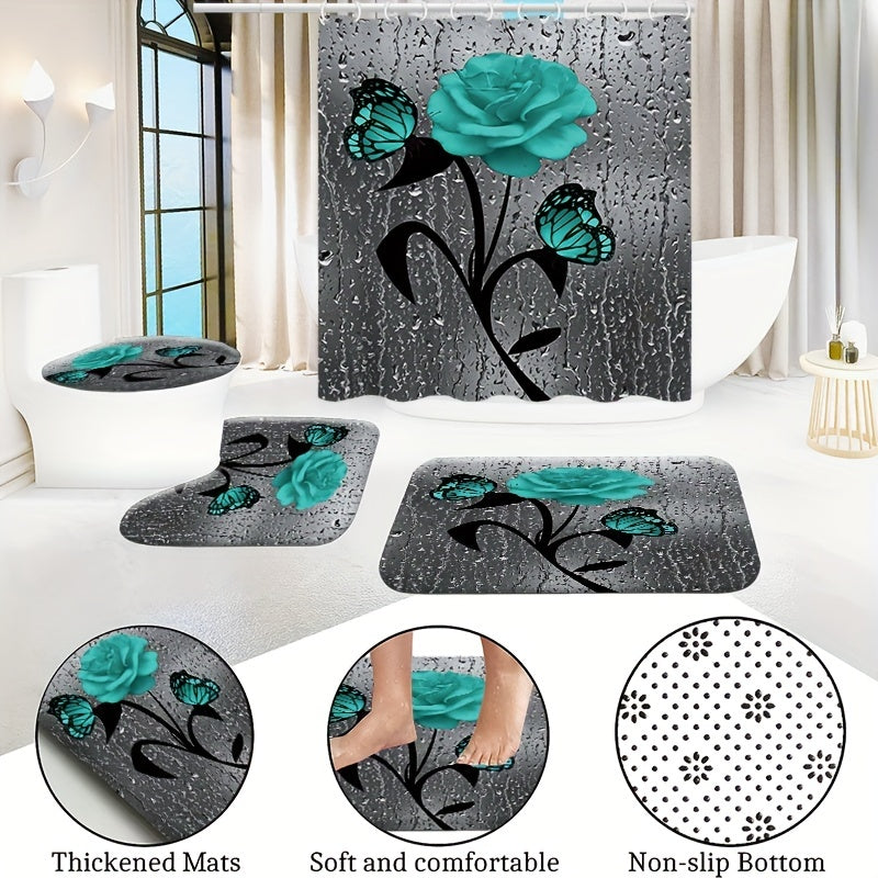 Teal Rose Shower Curtain and Bathroom Mat Set