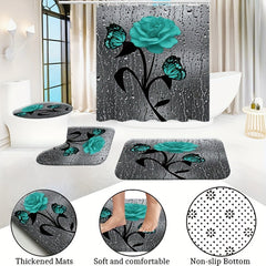 Teal Rose Shower Curtain and Bathroom Mat Set