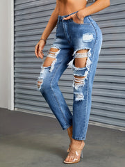 High Waist Distressed Straight Jeans
