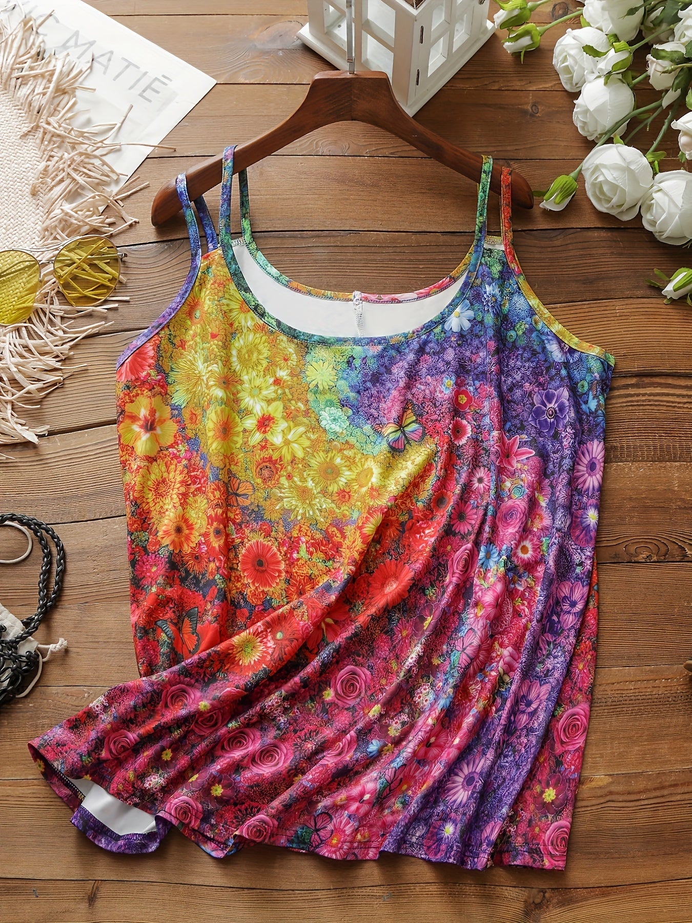 Floral Print Tank Top Split Strap Round Neck Medium Stretch
