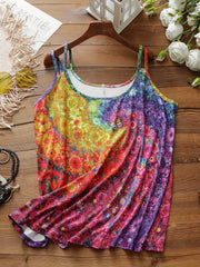 Floral Print Tank Top Split Strap Round Neck Medium Stretch